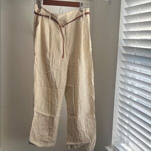 Zara Cream Straight Leg Pants with Brown Braided Belt